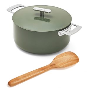 ember cookware arcilla ceramic dutch oven 24cm | 5 litre non stick non toxic pot with lidabout this item superior non toxic cooking surface: enjoy peace of mind with a non toxic, pfoa free non stick coating that promotes healthier cooking without the risk of harmful chemicals leaching onto your food. our exclusive and advanced non stick coating lasts 3x longer and is free from pfas, including ptfe, pfoa, lead, and cadmium. ergonomic handle: equipped with handle that provides a comfortable grip and remains cool to the touch during cooking for added safety. perfect non stick dutch oven: ember's dutch oven is designed for making biryani, pastas, baking breads and more, this dutch oven features a premium non stick surface that ensures great braising and slow cooking experience. induction & gas compatible: the biryani pot is designed for all types of stovetops, including induction & gas, offering great versatility for various cooking methods in your kitchen. what is in the box 1*non stick dutch oven, 1*metallic lid, 1*spatula, 1*cleaning eraser, 1*user manual with care instructions.